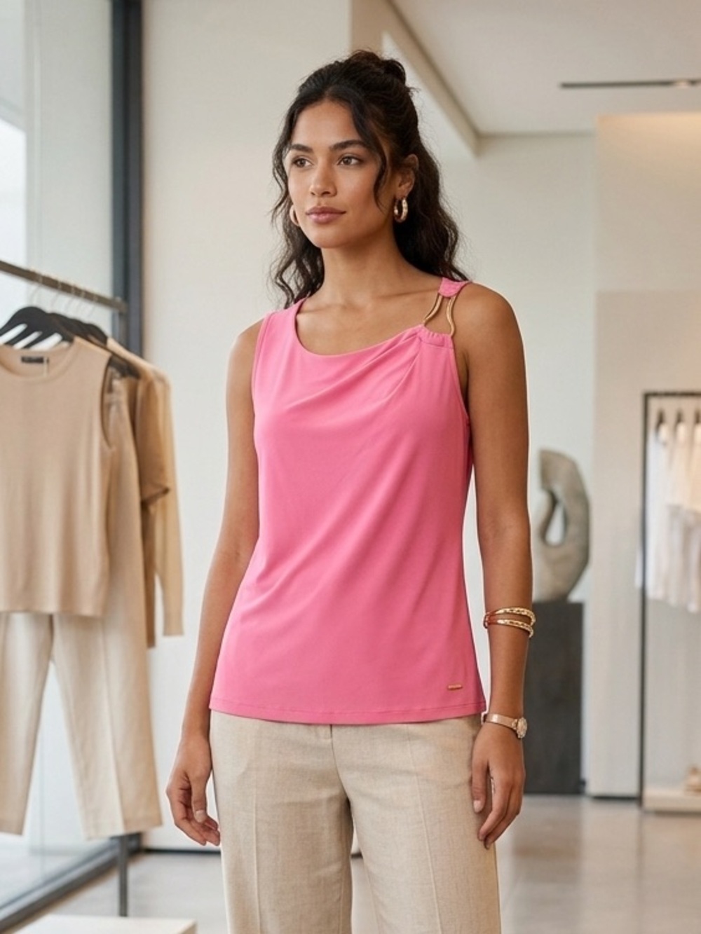 Nine West Pink Drape-Neck Tank with Gold Ring Detail